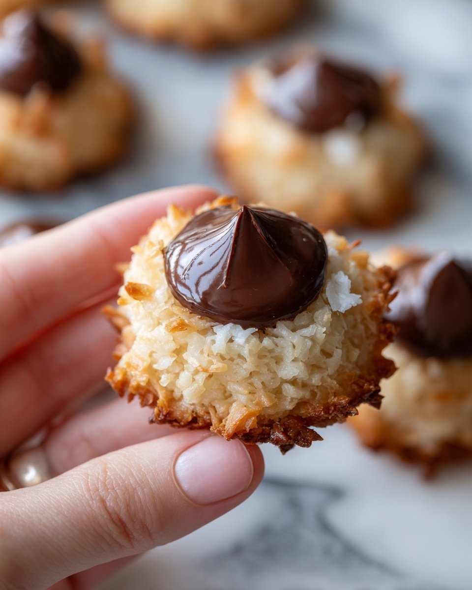 Coconut Macaroon Blossoms Recipe - Recipe Image — Coconut Macaroon Blossoms, Coconut Macaroon Recipe, Chocolate-Topped Cookies, Holiday Coconut Cookies, Easy Coconut Desserts