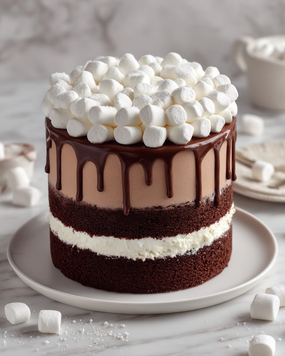 Hot Chocolate Cake with Marshmallow Filling, Chocolate Frosting, and White Chocolate Ganache Recipe - Recipe Image — Hot Chocolate Cake with Marshmallow Filling, Chocolate Frosting, White Chocolate Ganache, indulgent chocolate cake recipe, cozy dessert ideas