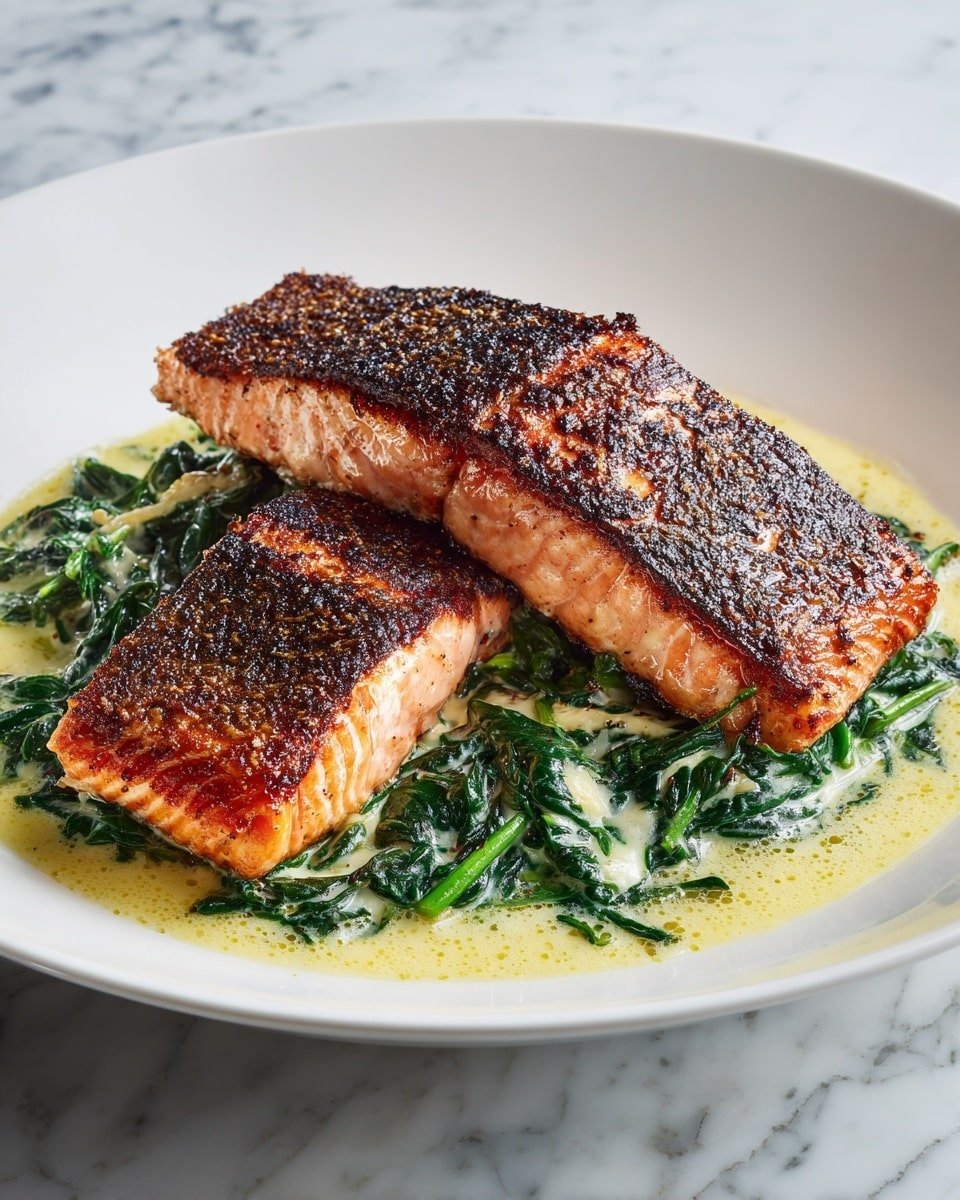 Blackened Salmon Stuffed with Spinach and Parmesan Recipe - Recipe Image — Blackened Salmon Stuffed with Spinach and Parmesan, Blackened Salmon with Spinach and Parmesan, Baked Salmon stuffed with spinach and cheese, Easy stuffed salmon recipes, Healthy salmon dinner ideas