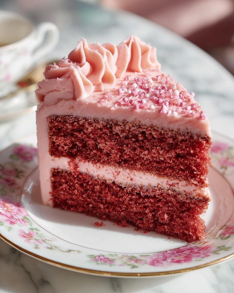 Mother’s Day Pink Velvet Cake Recipe - Recipe Image — Mother’s Day Pink Velvet Cake, pink velvet cake recipe, Mother’s Day cake ideas, pink cake with cream cheese frosting, festive pink cake