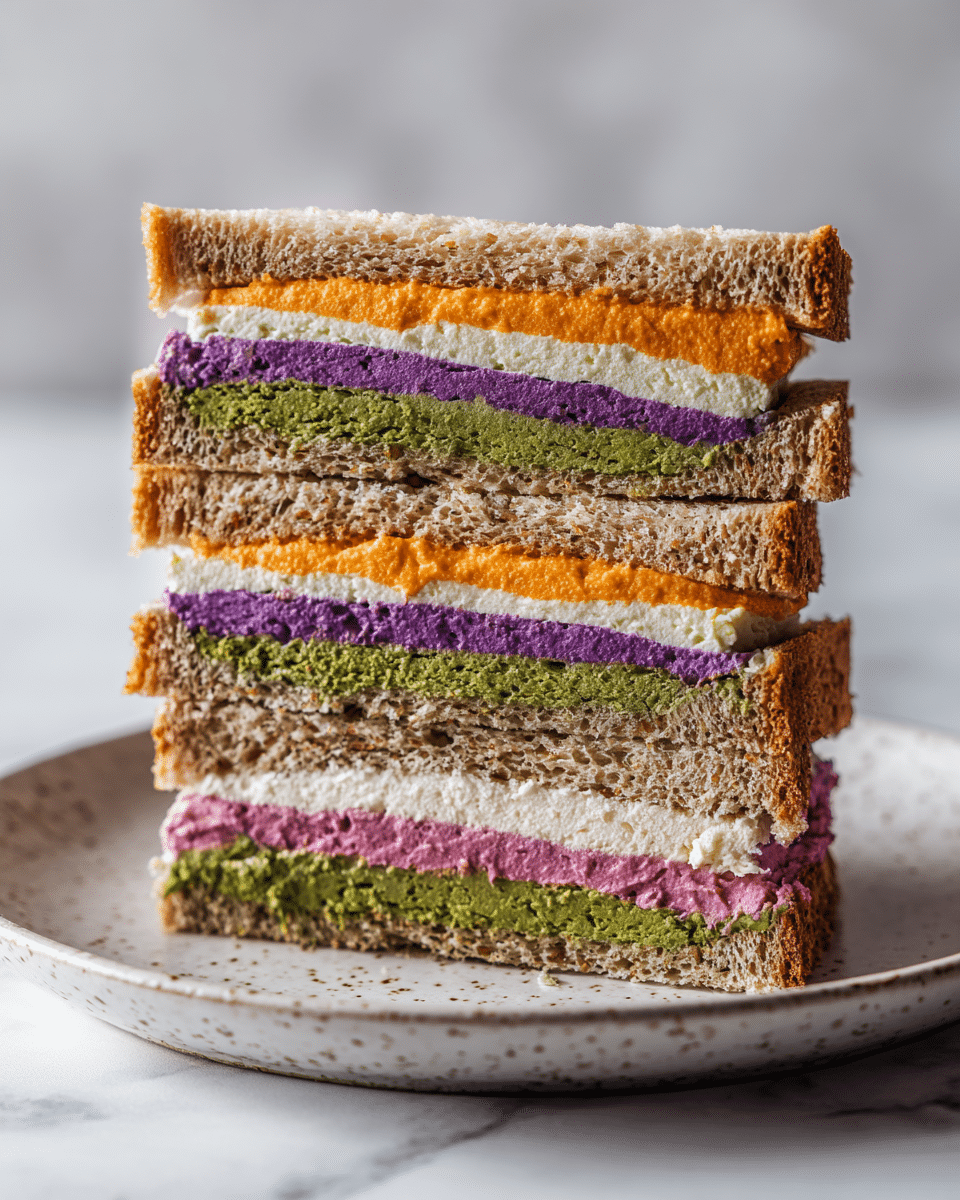 Easy Colorful Tea Sandwiches Recipe - Recipe Image — Easy Colorful Tea Sandwiches, colorful tea sandwiches, vibrant tea party snacks, veggie and yogurt tea sandwiches, quick party finger foods