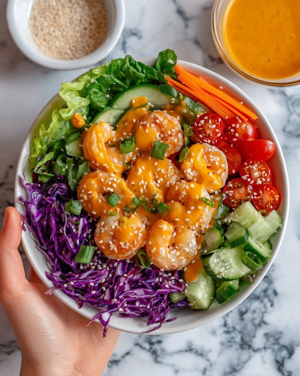 A white bowl filled with a colorful shrimp salad held by a woman's hand, placed on a white marbled surface. The dish has five layers: at the bottom, bright green lettuce leaves, purple cabbage strips on the left and bottom right edges, and orange carrot sticks on the right and bottom left edges. Chopped light green cucumber pieces and small halved red cherry tomatoes are placed scattered around the bowl. Five pinkish-orange shrimp sit in the center, covered lightly with a thick, bright orange sauce, sprinkled with white sesame seeds and chopped green onions. In the background, there is a small white bowl with sesame seeds and a glass bowl with more orange sauce, all on the white marbled surface. Photo taken with an iphone --ar 4:5 --v 7 — Carrot Ginger Salad Dressing, healthy salad dressings, homemade salad dressings, Asian-inspired dressings, quick vegetable dressings