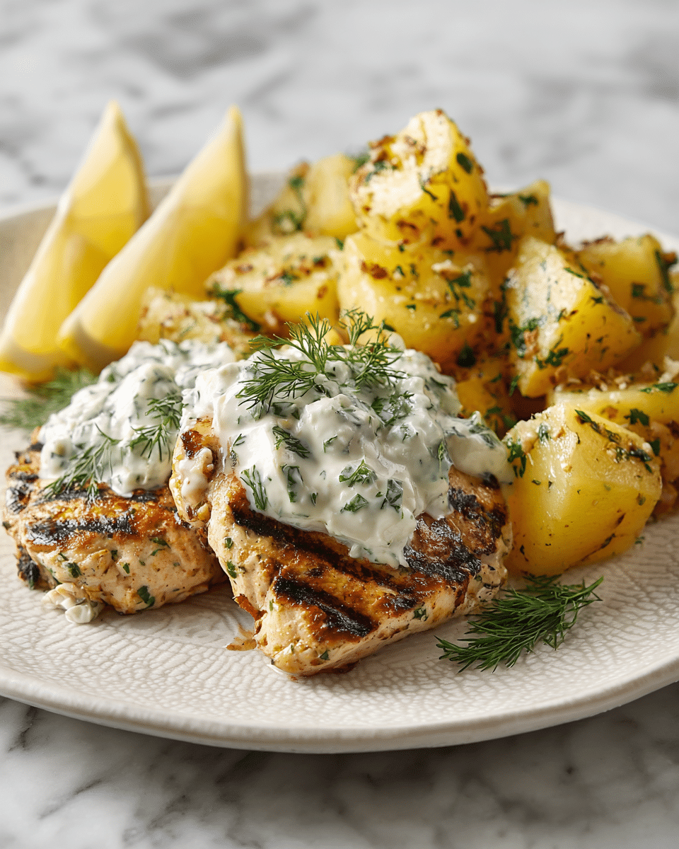 Spicy Yogurt Marinated Chicken with Dill Feta Cream & Crispy Baby Potatoes Recipe - Recipe Image — Spicy Yogurt Marinated Chicken with Dill Feta Cream & Crispy Baby Potatoes, flavorful chicken, easy weeknight dinner, Mediterranean inspired chicken dish, tender chicken with creamy dill feta