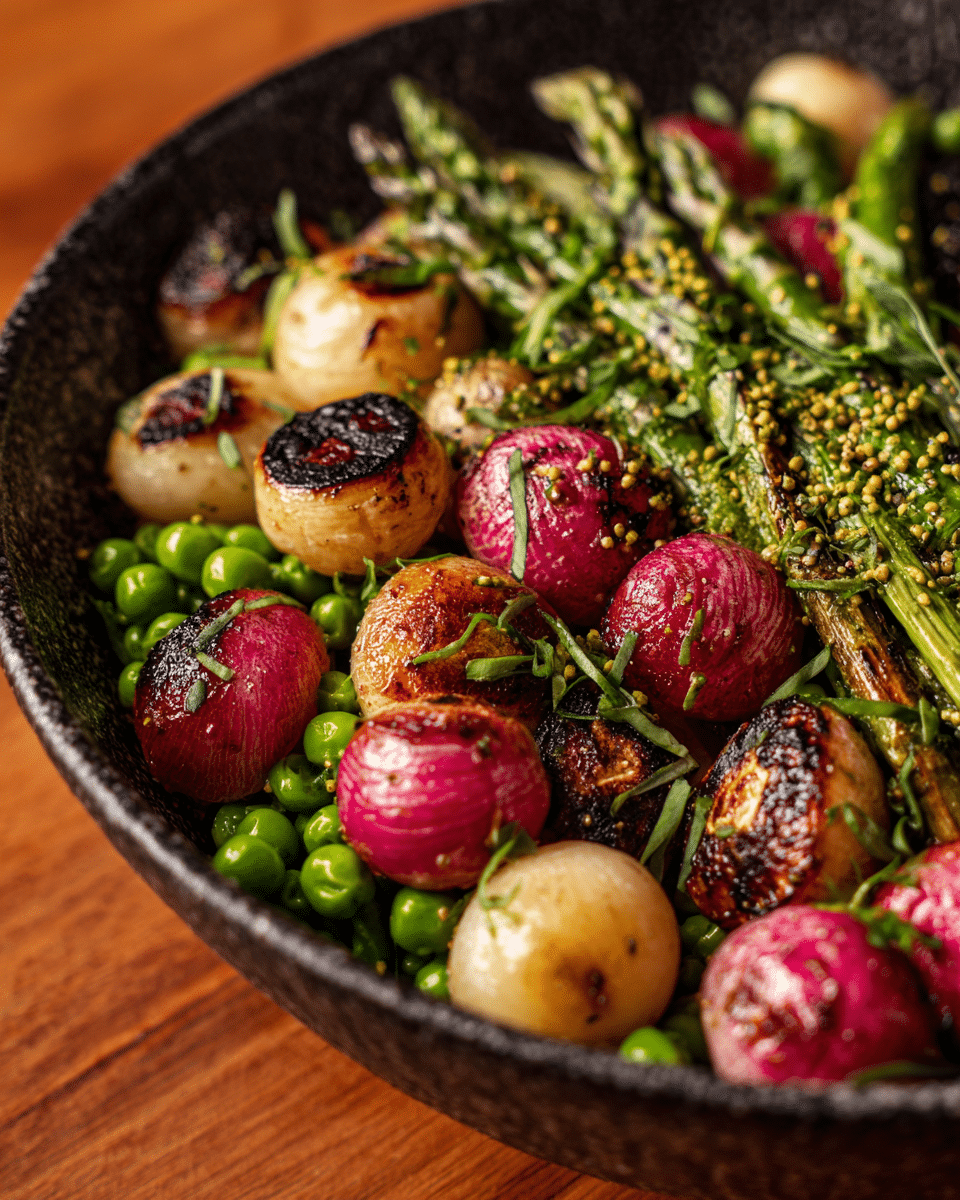 Roasted Asparagus and Radishes with Mustard Vinaigrette Recipe - Recipe Image — Roasted Asparagus and Radishes with Mustard Vinaigrette, spring vegetable side dish, healthy roasted vegetables, easy vegetable side recipe, vinaigrette salad idea