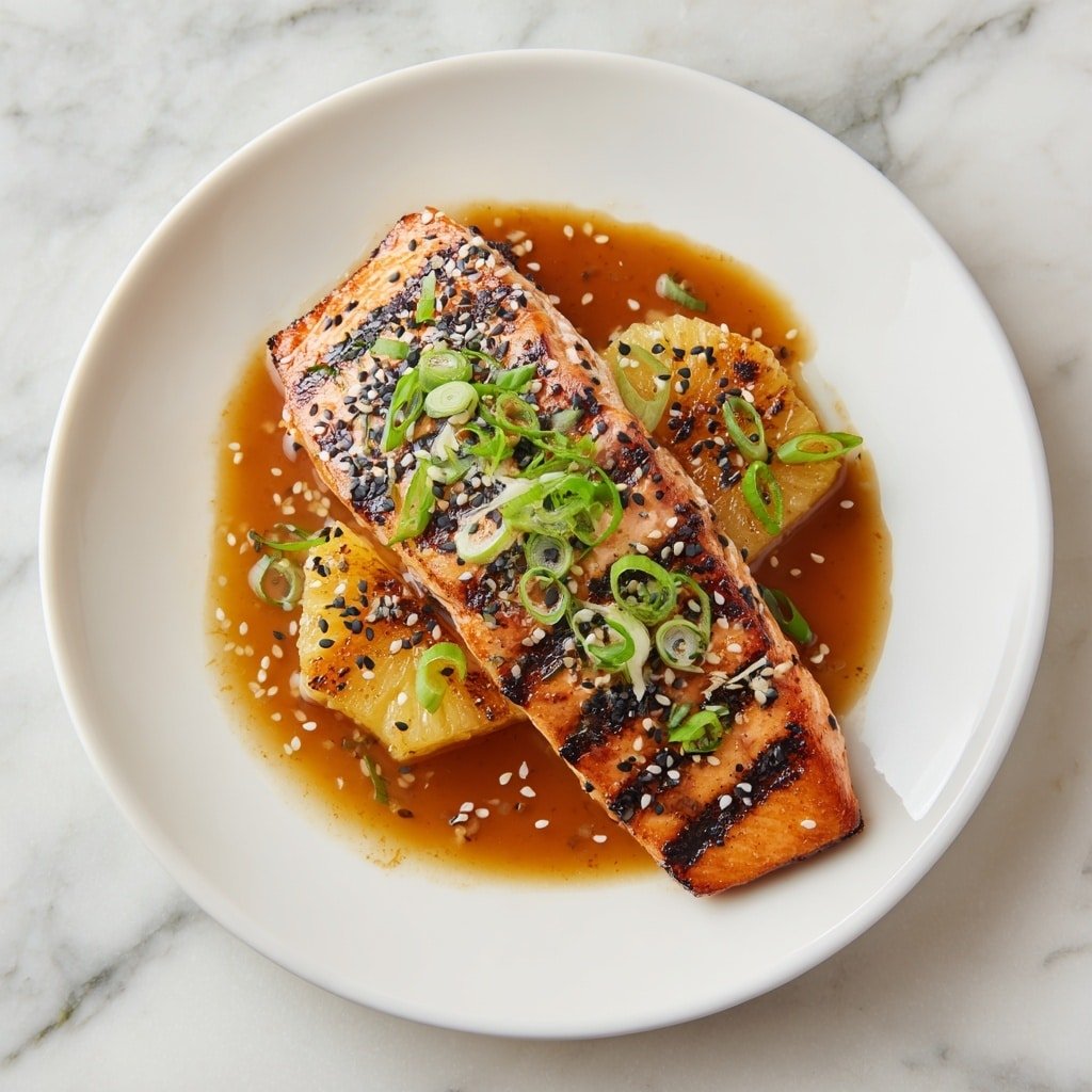 A grilled salmon piece sits in the center of a white plate on a white marbled surface. The salmon is golden brown with some charred spots and topped with white and black sesame seeds and thinly sliced green onions. Underneath, there are chunks of grilled pineapple glazed with a shiny brown sauce that pools around the base of the salmon, adding a slight gloss to the dish. photo taken with an iphone --ar 1:1 --v 7 — Pan-Seared Mahi Mahi with Pineapple Teriyaki Glaze, tropical fish recipes, easy mahi mahi dinner, healthy fish recipes, quick seafood dishes