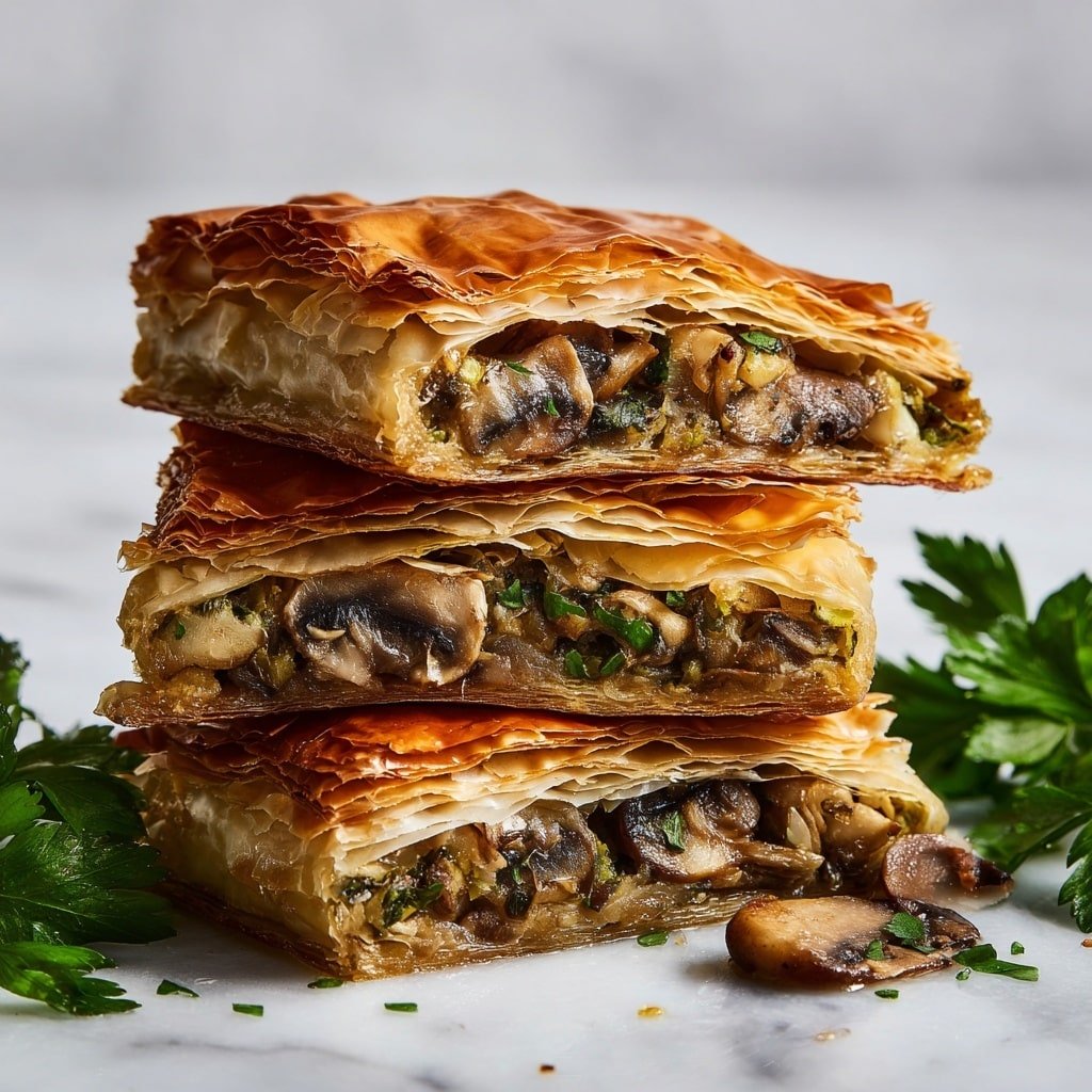 Mushroom Strudel with Leeks and Parmesan Cheese Recipe - Recipe Image — Mushroom Strudel with Leeks and Parmesan, vegetarian mushroom strudel, flaky vegetable pastry, savory mushroom and leek tart, easy vegetarian pastry dish