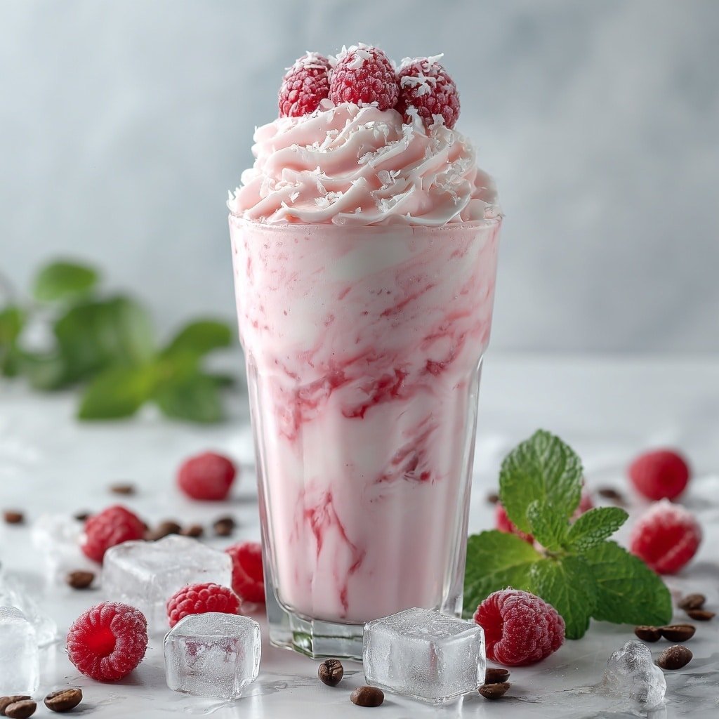 Vanilla Raspberry Iced Latte Recipe - Recipe Image — Vanilla Raspberry Iced Latte, berry iced coffee, fruity coffee drink, easy iced latte recipe, refreshing summer coffee