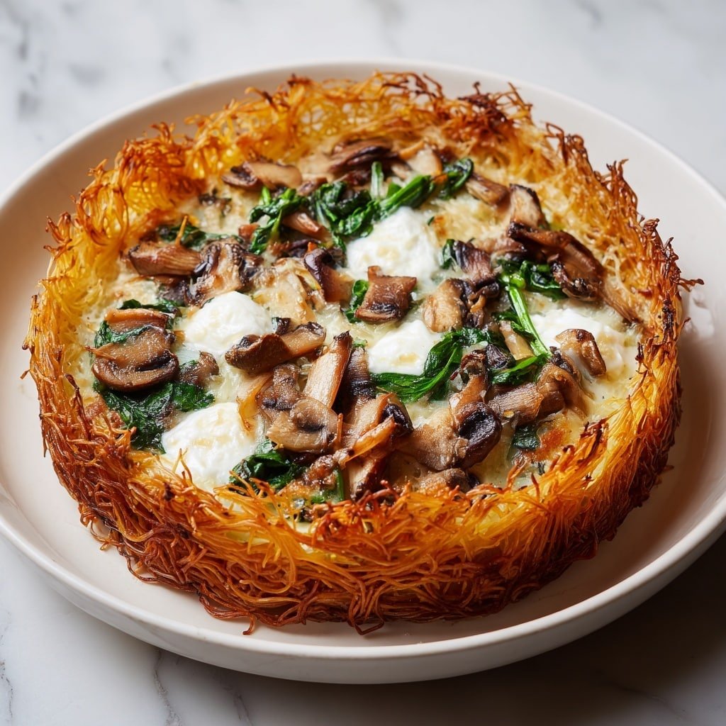 Crispy Potato Pie Recipe - Recipe Image — Crispy Potato Pie, savory potato crust, spinach mushroom filling, cheesy potato pie, hearty comfort food