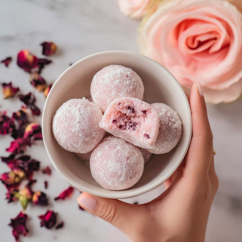 Rose Water and Raspberry White Chocolate Truffles Recipe - Recipe Image — Rose Water and Raspberry White Chocolate Truffles, elegant truffle recipe, floral dessert treats, raspberry white chocolate candies, easy homemade truffles
