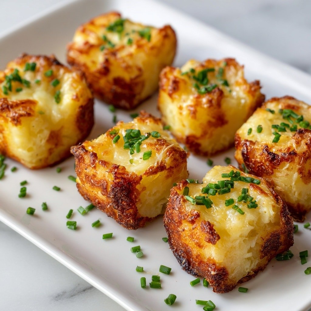The image shows a close-up view of six golden brown, crispy mashed potato bites arranged in two rows on a white rectangular plate, placed on a white marbled surface. Each bite is roughly cube-shaped with a rough, textured surface that shows mashed potato peaks, and the tops are browned and slightly crunchy with hints of melted cheese dangling on the edges. Small bright green chopped chives are sprinkled on top and scattered around the plate, adding a fresh pop of color against the warm yellow and light brown tones of the bites. The lighting highlights the crispy textures and the softness inside the potato bites. Photo taken with an iphone --ar 1:1 --v 7 — Leftover Mashed Potato Cheese Puffs, leftover mashed potato recipes, cheesy snack ideas, crispy mashed potato bites, savory appetizer recipes