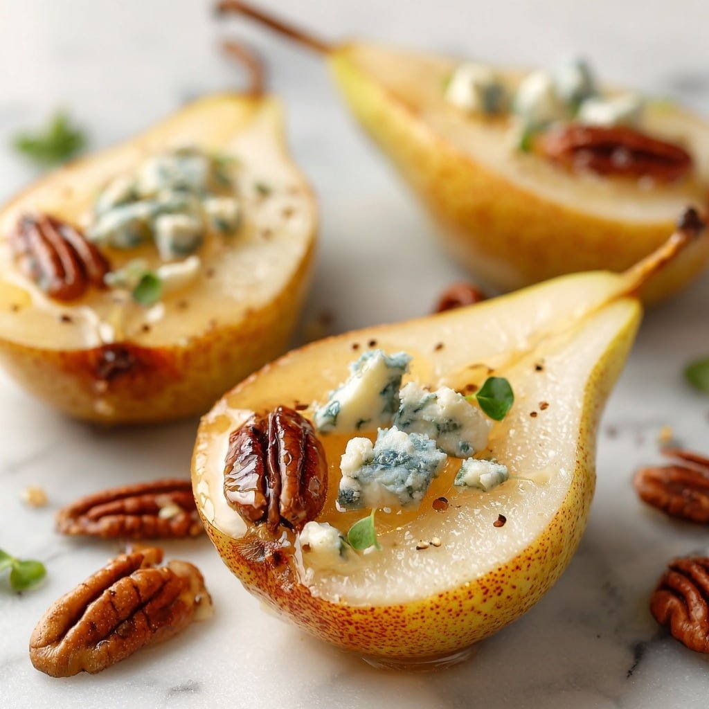 Roasted Pears with Blue Cheese, Walnuts, and Honey Recipe - Recipe Image — Roasted Pears with Blue Cheese, Blue Cheese and Pear Appetizer, Warm Pears with Blue Cheese and Walnuts, Easy Pear and Blue Cheese Snack, Elegant Fruit and Cheese Pairing