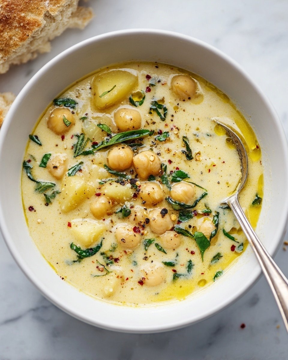 A bowl of creamy light yellow soup with visible chunks of pale yellow potatoes and round beige chickpeas floating throughout. The soup surface has small green herb leaves scattered, along with tiny red chili flakes and black pepper specks. A drizzle of golden olive oil rests on top, adding shine and depth. A silver spoon is partially dipped in the soup on the right side of the bowl. The bowl is white and placed on a white marbled surface, with a soft-focus piece of bread in the background. photo taken with an iphone --ar 4:5 --v 7 — Easy Garlic Chickpea Soup, hearty chickpea soup, quick vegan soup, comforting chickpea recipe, flavorful garlic soup