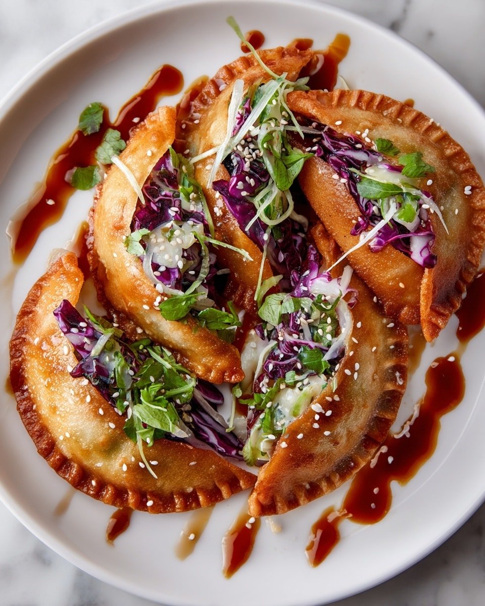 The image shows four crunchy golden-brown dumplings placed closely together on a white plate, each dumpling folded into a crescent shape with a crispy texture. Inside, the dumplings are filled with small pieces of white cabbage mixed with hints of purple cabbage, adding a fresh and crunchy look. On top of the dumplings, there are thin green herb leaves scattered evenly, likely cilantro, with a sprinkle of white sesame seeds. A thick, shiny reddish-brown sauce is drizzled in stripes over the dumplings and some sauce pools on the white plate around them. The plate sits on a white marbled surface, and the close-up image captures the dumplings from a side angle, showing the rich mix of colors and textures. Photo taken with an iphone --ar 4:5 --v 7 — Crispy Chicken Wonton Tacos, chicken wonton tacos, easy chicken tacos, crispy appetizer recipes, Asian-inspired tacos
