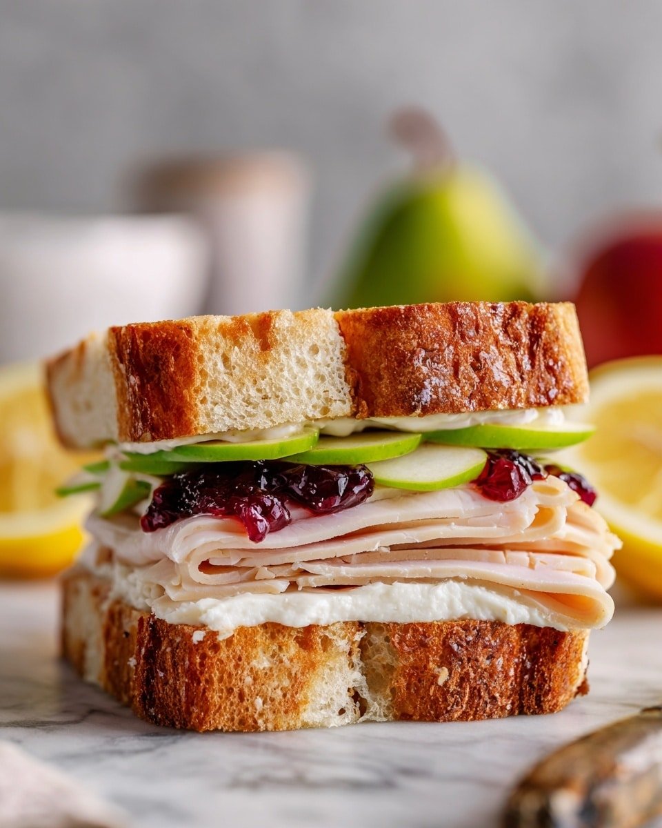 A sandwich with a golden brown crusty bread cut open to show the inside layers, starting with a thick layer of white creamy cheese at the bottom, topped with thin slices of green apple, a small dollop of dark reddish jam, and delicate thin slices of pale pink turkey layered on top, all resting on a white marbled surface with blurred background items including a sliced lemon and green apple. photo taken with an iphone --ar 4:5 --v 7 — Quick Prosciutto Fig Jam Sandwich, prosciutto fig jam sandwich, easy prosciutto sandwich, gourmet sandwich ideas, quick lunch recipes