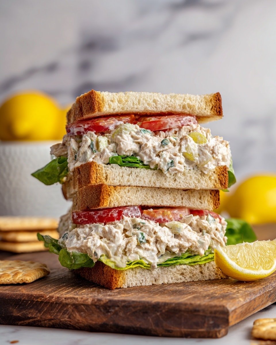 The image shows a thick sandwich stacked in two halves on a wooden surface with some broken crackers and a lemon wedge nearby. The sandwich has three layers of toasted bread with a golden-brown crust. Inside, there is a thick layer of creamy white chicken salad mixed with green leafy vegetables, topped with slices of red tomato and some green lettuce at the bottom. The sandwich looks fresh and hearty, with the bread's texture crispy on the outside but soft inside. The background has a white marbled surface and a blurry bowl of yellow lemons adding a bright touch. Photo taken with an iphone --ar 4:5 --v 7 — Lemon Basil Chicken Salad, citrus chicken salad, healthy chicken salad, quick summer salad, fresh basil chicken dish