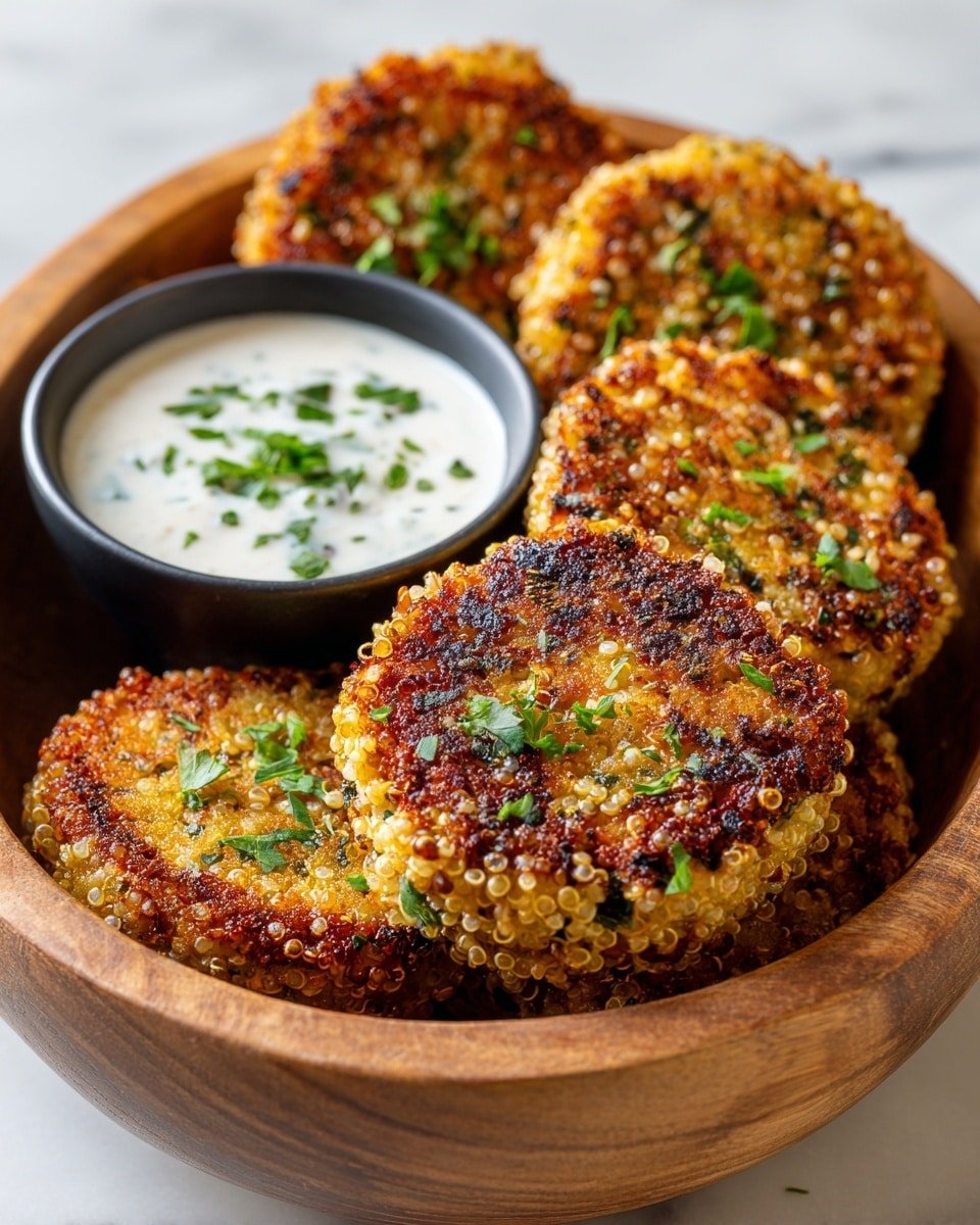 A wooden bowl filled with five round, golden brown quinoa patties with crispy edges and visible white quinoa seeds and green herbs mixed inside. In the center of the bowl is a small black bowl with white creamy sauce topped with chopped green herbs. The quinoa patties have a crunchy texture and are stacked overlapping each other on a white marbled surface. Photo taken with an iphone --ar 4:5 --v 7 — Delicious Crunchy Quinoa Veggie Patties, healthy veggie patties, quick vegetarian dinner, crunchy quinoa recipes, easy veggie burger patties