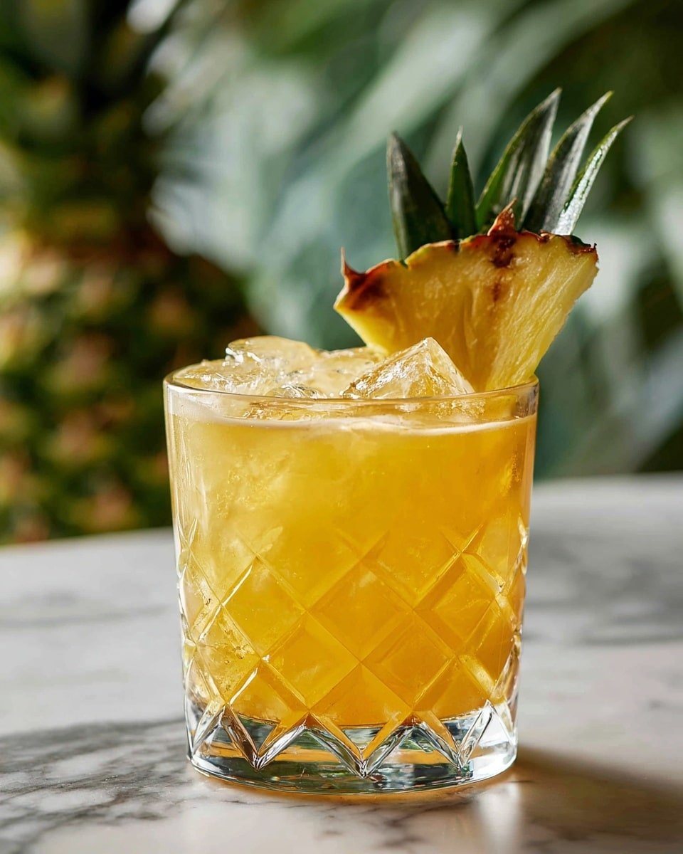 A short clear glass with a diamond pattern holds a yellow-orange drink filled with ice cubes. On top, a thick wedge of pineapple with green and brown trim is placed on the rim. The glass is set on a white marbled surface with out-of-focus pineapples in the background, giving a fresh tropical feel. Photo taken with an iphone --ar 4:5 --v 7 — Pineapple Ginger Beer Mocktail Delight, tropical mocktail recipes, fizzy fruit drinks, non-alcoholic summer beverages, easy refreshing mocktail