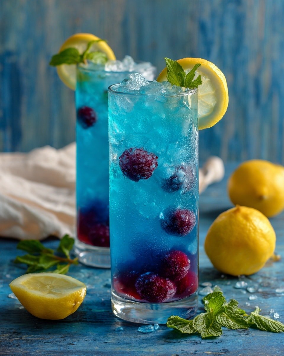 Two tall clear glasses are filled with a bright blue drink, ice cubes, and floating frozen berries in dark purple and red colors. Each glass has a small green mint leaf on top, and one glass has a thin lemon slice resting on the rim. The glasses sit on a blue wooden surface covered with scattered fresh mint leaves and whole and halved yellow lemons. The background shows a blurry blue wall and a white cloth near the glasses. Photo taken with an iphone --ar 4:5 --v 7 — Blue Raspberry Lemonade, Blue Raspberry Lemonade Recipe, refreshing summer drinks, fruity lemonade, easy lemonade recipes