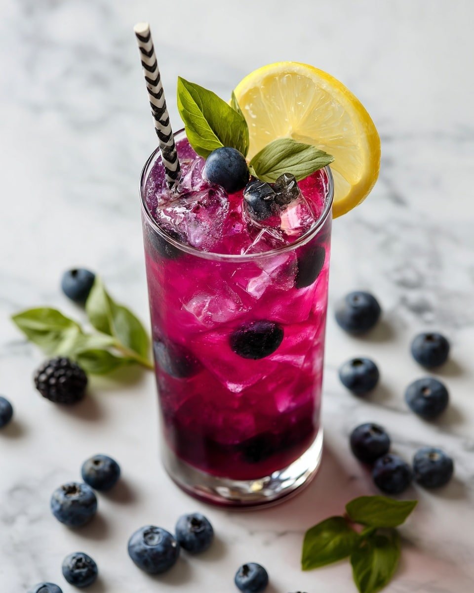 The image shows a tall glass filled with a bright purple drink with ice cubes visible inside. There are dark purple berries floating in the drink, and on the top surface, a few blueberries rest near a black and white striped straw. The glass is garnished with a slice of lemon and a small sprig of green mint on the rim. Scattered around the glass on a white marbled surface are blueberries, raspberries, and some green mint leaves. The photo taken with an iphone --ar 4:5 --v 7 — Blueberry Tea Lemonade, refreshing summer drinks, fruit-infused beverages, homemade berry lemonade, cool summer drinks