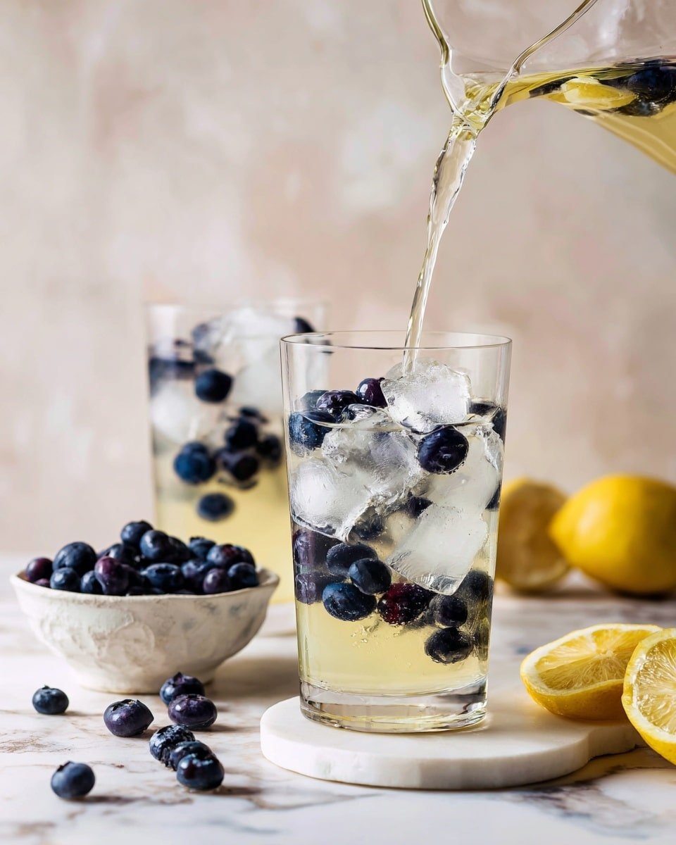 A clear glass filled with ice cubes and dark blueberries has a pale yellow liquid being poured into it from a clear glass pitcher at the top right. The glass shows multiple blueberries floating among the ice and liquid. In the background to the left, there is another glass with ice cubes and blueberries. On the white marbled surface in front, there is a white bowl filled with more dark blueberries, some scattered blueberries, and two lemon slices along with a whole lemon on the right side. The scene is set against a light, soft textured wall. photo taken with an iphone --ar 4:5 --v 7 — Limoncello Prosecco Cocktail, Sparkling citrus cocktail, Easy Prosecco drinks, Celebratory Italian cocktails, Refreshing summer drinks