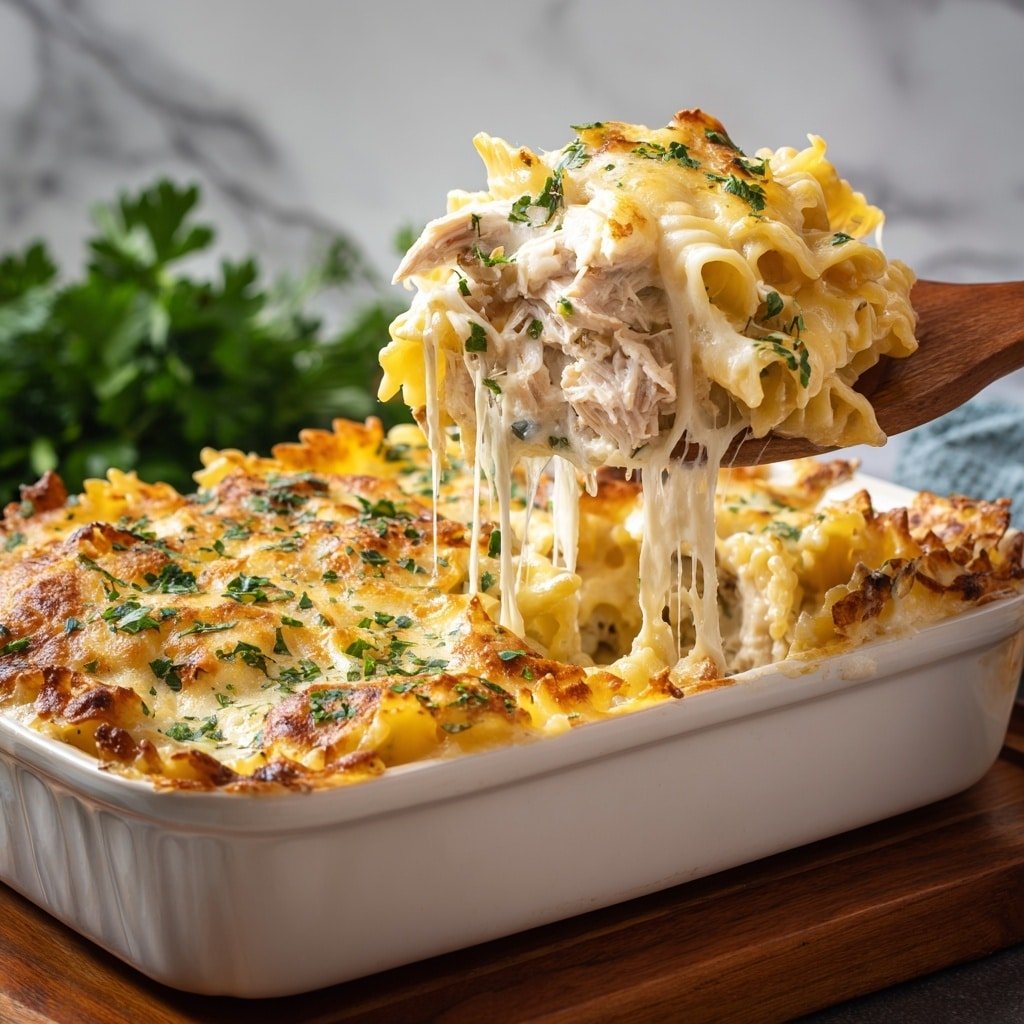 Banana Pepper Chicken Alfredo Bake Recipe - Recipe Image — Banana Pepper Chicken Alfredo Bake, creamy chicken pasta bake, cheesy banana pepper casserole, easy weeknight dinner recipes, flavorful chicken Alfredo