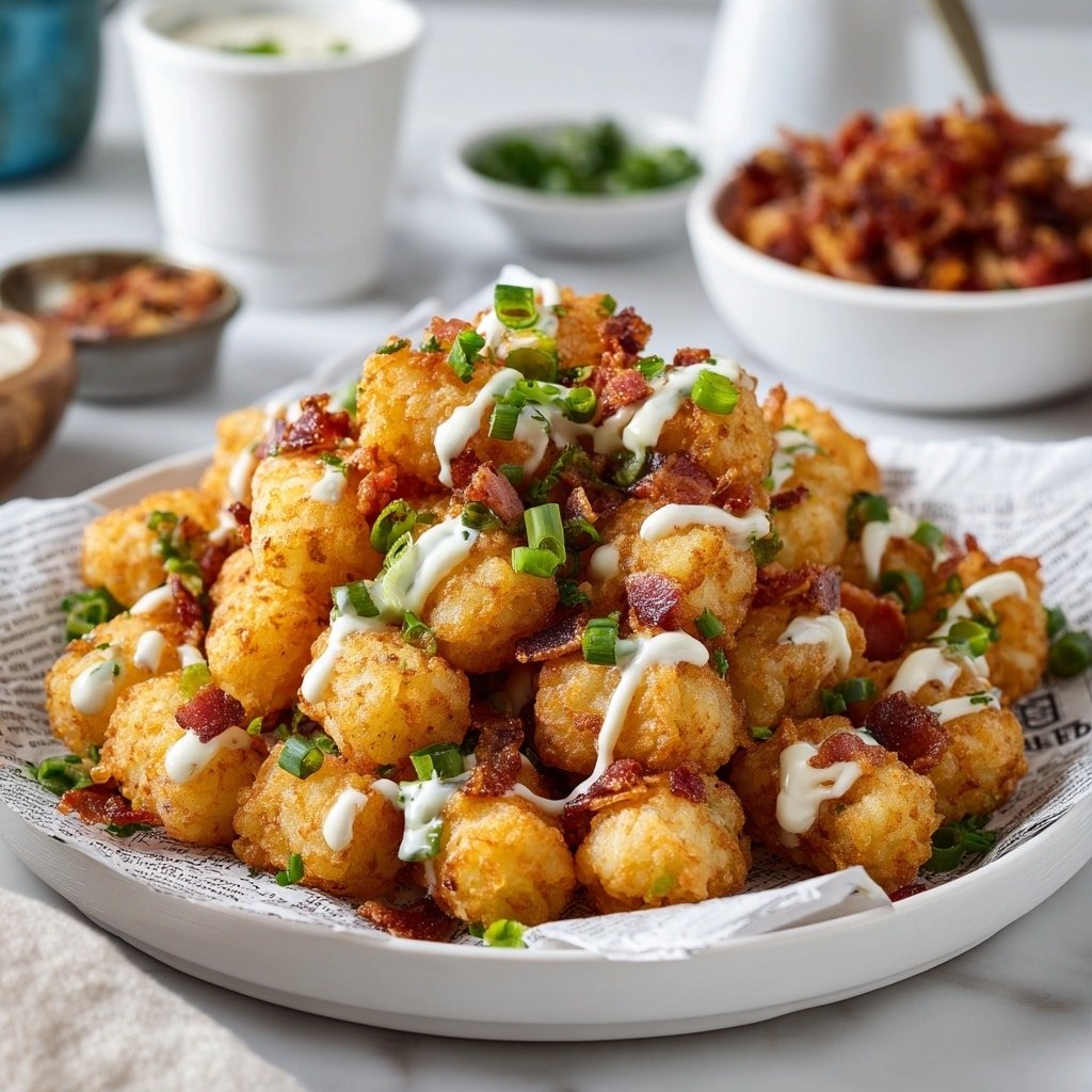 Loaded Tater Tots with Bacon, Queso, and Ranch Recipe - Recipe Image — Loaded Tater Tots with Bacon Queso and Ranch, Loaded Tater Tots with Bacon, Queso, and Ranch, cheesy bacon tater tots, crispy loaded tot appetizer, easy snack recipes
