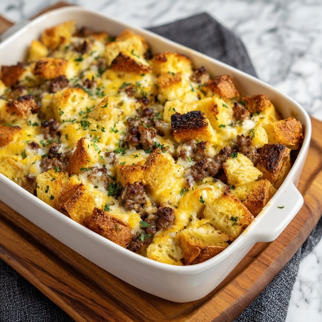 The image shows a white rectangular baking dish filled with a layered casserole. The top layer has golden brown toasted bread cubes mixed with browned small sausage pieces and melted yellow cheese. The bread looks crusty with some darker browned spots, and there is a light sprinkling of green herbs over the dish. The casserole sits on a wooden board with a white marbled textured surface beneath it, and a dark cloth is partially visible next to the dish. photo taken with an iphone --ar 1:1 --v 7 — Cheddar Sausage Breakfast Casserole, breakfast casserole with sausage and cheddar, easy breakfast casserole recipe, hearty breakfast ideas, brunch casserole recipe