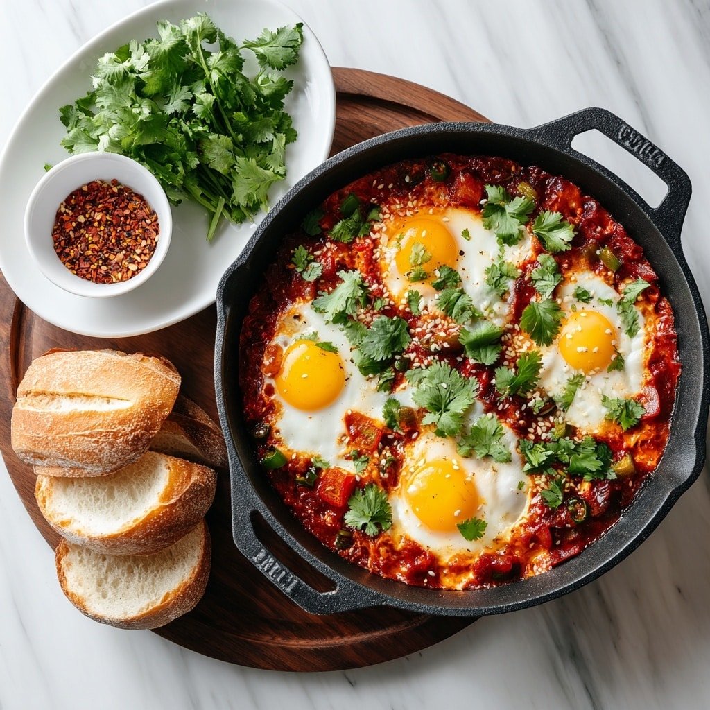 A cast iron pan is filled with a rich red tomato sauce base, mixed with small chunks of tomatoes and green peppers. On top of the sauce, there are four cooked sunny-side-up eggs with bright yellow yolks and whites slightly cooked around the edges. Fresh green cilantro leaves are scattered over the eggs and sauce. Next to the pan, there is a white plate with bunches of fresh green cilantro and a small white bowl containing red chili flakes mixed with seeds. Below the pan, three slices of light brown crusty bread are stacked on a dark wooden board. The entire scene is set on a white marbled surface, creating a calm and clean background. photo taken with an iphone --ar 1:1 --v 7 — Shakshuka, Shakshuka recipe, North African breakfast, spicy tomato eggs, cozy brunch ideas