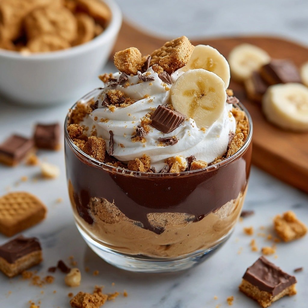 The dessert in a clear glass cup has five visible layers: the bottom layer is broken pieces of light brown cookie, followed by a thick dark brown chocolate layer, then a pale peanut butter layer, another thin dark chocolate layer, and topped with fluffy white whipped cream. On top, there are two banana slices and scattered pieces of crushed peanut butter cups with bits of cookie all over. The glass is placed on a white marbled surface with more cookie and chocolate pieces scattered around and a wooden board nearby. To the left, a white bowl filled with more broken cookies is partly visible. photo taken with an iphone --ar 1:1 --v 7 — Chocolate Peanut Butter Banana Trifle, Chocolate peanut butter banana dessert, layered banana pudding with chocolate, easy peanut butter banana treat, crowd-pleasing trifle recipe