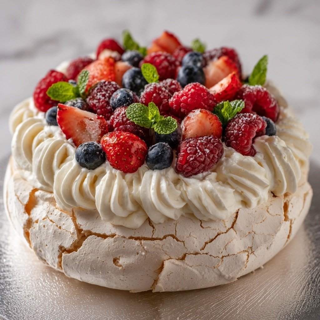 Classic Pavlova with Fresh Fruit Recipe - Recipe Image — Classic Pavlova with Fresh Fruit, Pavlova dessert, fruit pavlova recipe, easy pavlova, summer fruit dessert