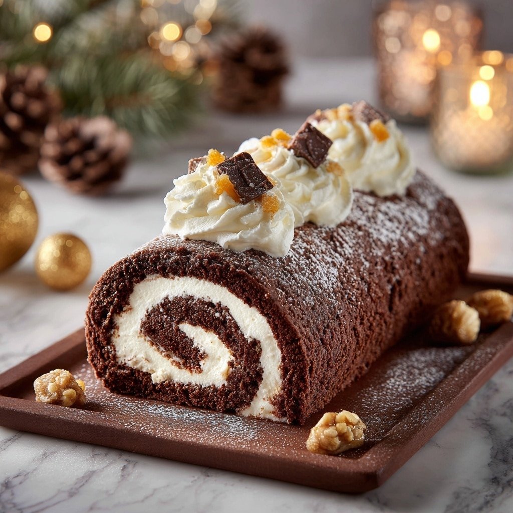 Bûche de Noël (Chestnut Cream Chocolate Yule Log) Recipe - Recipe Image — Bûche de Noël Chestnut Cream Chocolate Yule Log, French Christmas dessert, festive holiday cake, chestnut yule log, chocolate holiday cake