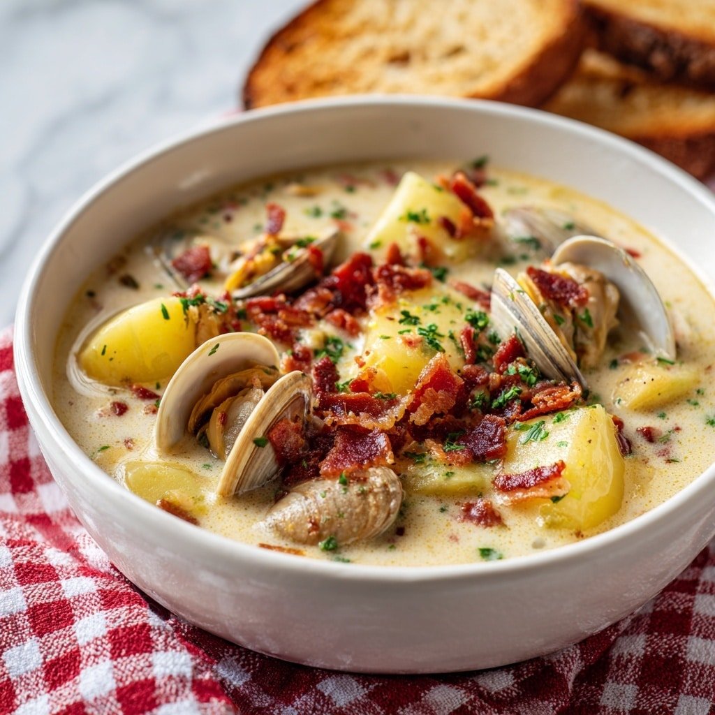 Creamy Clam Chowder with Bacon and Fresh Herbs Recipe - Recipe Image — Creamy Clam Chowder with Bacon and Fresh Herbs, hearty seafood soup, homemade clam chowder, comforting bacon clam chowder, fresh herb seafood soup