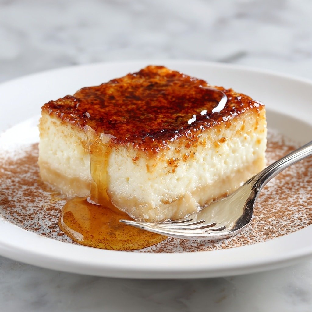 A square piece of dessert with a golden-brown top layer that looks slightly crispy, sitting on a white plate with a sprinkle of fine brown powder around it. The dessert has a thick, creamy pale bottom layer visible on the side. On top, there is a generous drizzle of shiny amber syrup that is pooling slightly on the plate near a silver fork. The plate rests on a white marbled surface. Photo taken with an iphone --ar 1:1 --v 7 — Churros Cheesecake Bars, cinnamon sugar dessert, easy cheesecake bars, fun handheld desserts, decadent churros-inspired treat