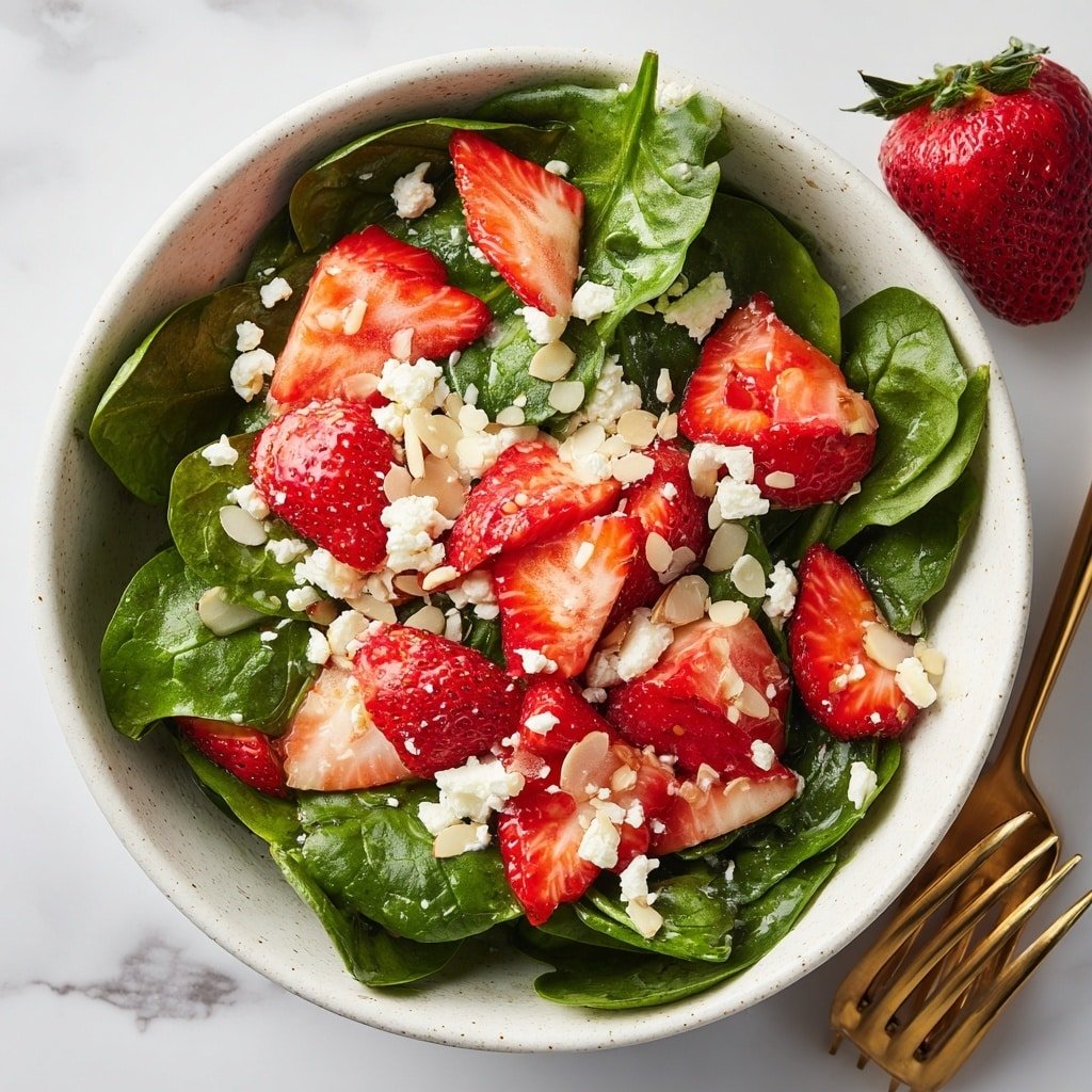 A bowl of fresh green spinach leaves forms the base layer, topped with bright red sliced strawberries scattered evenly across the greens. On top of the fruit and spinach, there are small white chunks of cheese spread around and light brown almond slices sprinkled generously. The bowl is white with a slightly speckled texture, sitting on a white marbled surface. A whole strawberry rests nearby, and a gold fork is placed to the right side of the bowl. Photo taken with an iphone --ar 1:1 --v 7 — Spinach Strawberry Salad, healthy fruit and greens salad, easy summer salad, fresh strawberry spinach recipe, light veggie salad