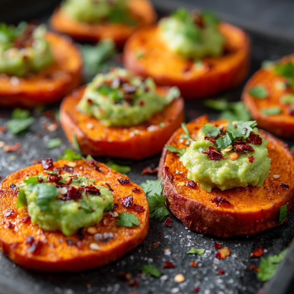 Sweet Potato Bites with Avocado Recipe - Recipe Image — Sweet Potato Bites with Avocado, healthy snack recipes, easy appetizer ideas, vegan finger foods, roasted sweet potato snacks