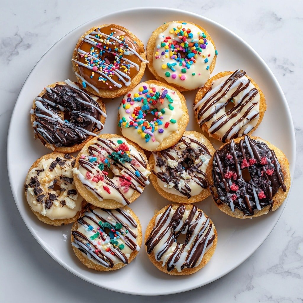 A white plate holds fourteen round doughnut-shaped cookies arranged closely together on a white marbled surface. Each cookie has a golden brown base with different toppings in colorful layers: some are covered with a smooth caramel layer topped with multicolored round and rod sprinkles; others have white drizzle and small blueberry or chopped red strawberry pieces scattered on top; some are decorated with dark chocolate drizzle and small white chunks. The parchment-like texture of the cookies is visible beneath the shiny toppings. photo taken with an iphone --ar 1:1 --v 7 — Chocolate Peanut Butter Smoothie, healthy smoothie recipes, quick breakfast smoothies, indulgent chocolate peanut butter drinks, easy nutritious smoothies