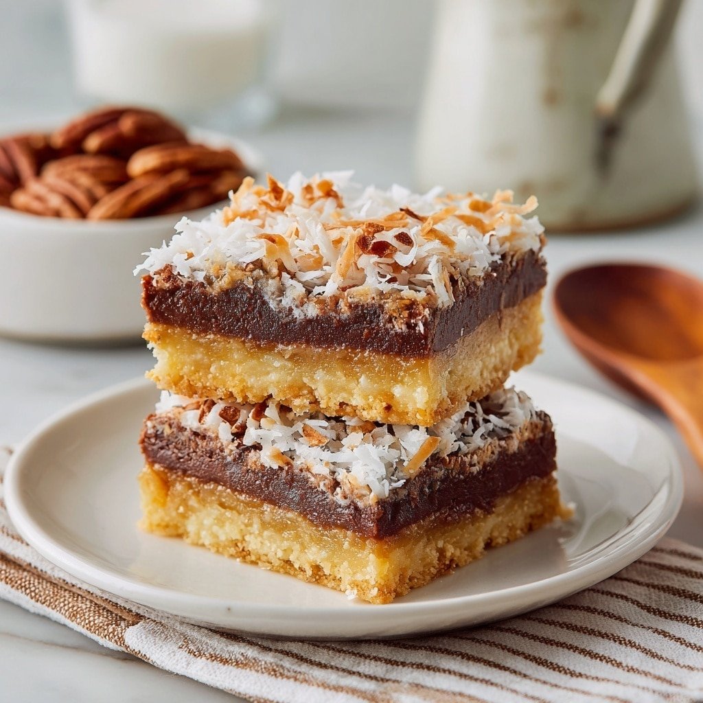 Two dessert squares are stacked on a white plate, each with three layers: a dense golden brown base, a thick middle layer of darker chocolate color with a slightly crumbly texture, and a top layer covered in white shredded coconut with some toasted brown bits. The plate is on a white marbled surface with a striped cloth underneath, next to a wooden spoon and a small white bowl with pecans. In the background, there is a clear glass of milk and a white, weathered jug, soft-focused. Photo taken with an iphone --ar 1:1 --v 7 — Peanut Butter Chocolate Cottage Cheese Pudding, healthy dessert recipes, easy cottage cheese pudding, high-protein chocolate pudding, quick nutritious snacks