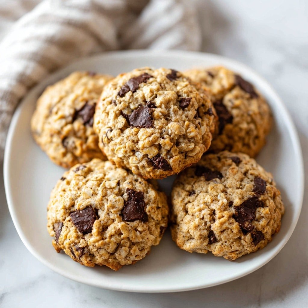 Five round oatmeal cookies with dark chocolate chips are placed close together on a white square plate. Each cookie shows a rough texture with visible oats and scattered dark chocolate pieces embedded throughout. The plate rests on a white marbled surface with a soft striped cloth in the background. The cookies look soft with a golden-brown hue and slightly rounded tops, evenly sized and slightly spaced. Photo taken with an iphone --ar 1:1 --v 7 — 7 Layer Reese’s Bars, Reese’s layered bars, peanut butter chocolate dessert, no-bake Reese’s bars, easy Reese’s bars recipe