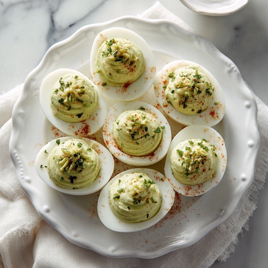 Six white halved boiled eggs with smooth, glossy whites form the bottom layer on a white plate with a scalloped edge. Each egg half is filled with a swirled dollop of pale green creamy filling, textured with small bits and topped with a sprinkle of finely chopped green herbs and a dash of reddish-orange seasoning powder. The plate rests on a white marbled surface with a soft white cloth and a small white bowl blurred in the background. photo taken with an iphone --ar 1:1 --v 7 — Microwave Banana Oatmeal Cookie Balls, healthy quick snacks, easy banana oatmeal treats, wholesome microwave snacks, guilt-free fruit and oat snacks