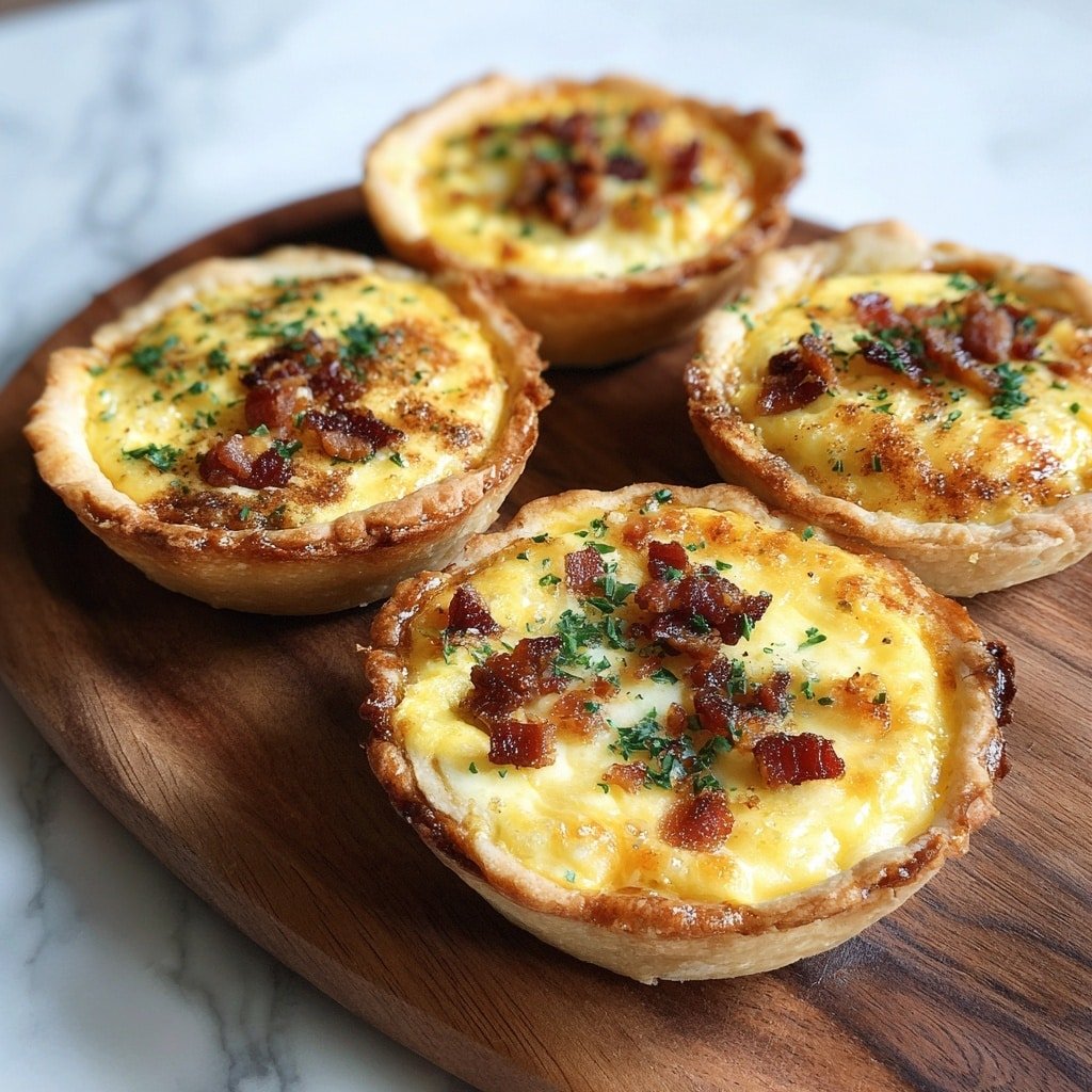 Four small tarts sit on a wooden board, each with a golden, flaky crust. Inside, a creamy yellow egg filling is topped with small crispy brown bacon bits and specks of green herbs. The surface of the filling is smooth with slight browning on the edges near the crust. The background is a white marbled texture. photo taken with an iphone --ar 1:1 --v 7 — Spinach and Feta Puff Pastry Bites, Bite-sized appetizer recipes, Easy party appetizers, Flaky puff pastry appetizers, Vegetarian finger foods