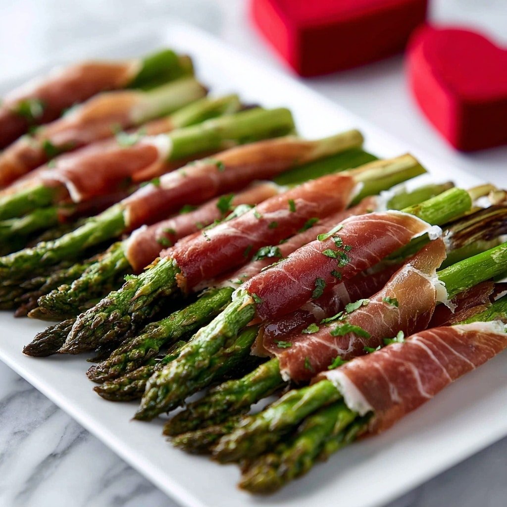 A white rectangular plate holds neat bundles of green asparagus stalks wrapped in thin, shiny slices of pinkish-brown cured meat, each bundle garnished with small bits of green herbs. The asparagus tips are tightly closed and a deep green with a slight gloss, while the cured meat has a smooth, slightly transparent texture with visible white fat streaks. The bundles are arranged in a single row, stretching from the foreground to the background. In the background, blurred red heart decorations add a soft, warm tone to the scene. The surface underneath the plate is white with a marbled texture. Photo taken with an iphone --ar 1:1 --v 7 — Caprese Skewers, Caprese Skewers Recipe, Caprese Appetizer, Easy Caprese Bites, Tomato and Mozzarella Skewers