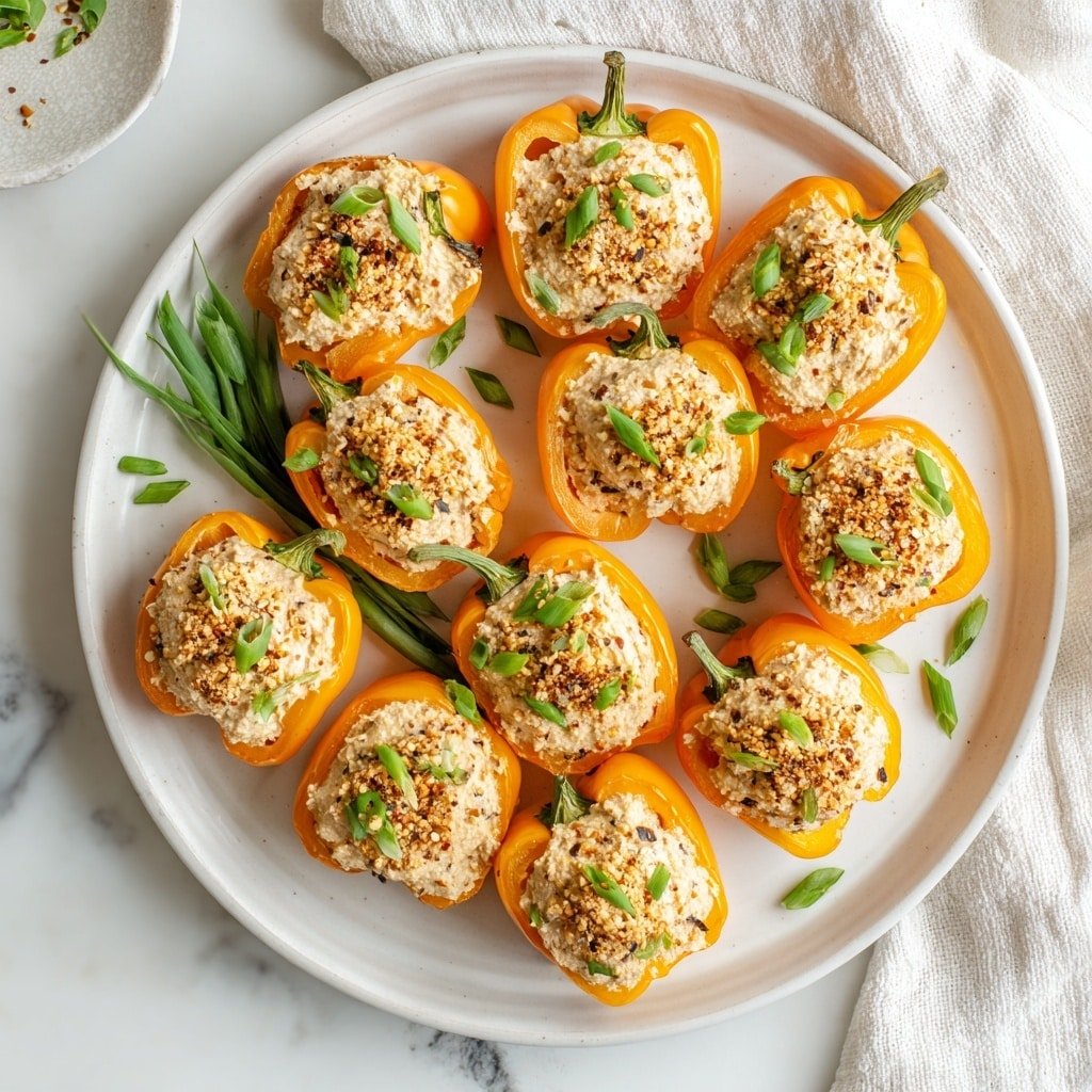 The image shows a white round plate with twelve stuffed orange mini bell peppers arranged in three rows. Each pepper half is filled with a creamy, light beige mixture that is smooth and slightly textured. On top of the filling are small green chopped herbs, likely green onions or chives, and a light sprinkling of golden brown crumbs and black pepper flakes. The peppers have a glossy, fresh appearance, and a few extra green herb pieces are scattered on the white marbled surface around the plate. The photo has soft natural lighting and a white cloth in the background. photo taken with an iphone --ar 1:1 --v 7 — Asparagus Wrapped in Crispy Prosciutto, asparagus appetizer, prosciutto wrapped asparagus, easy party appetizers, elegant vegetable appetizers